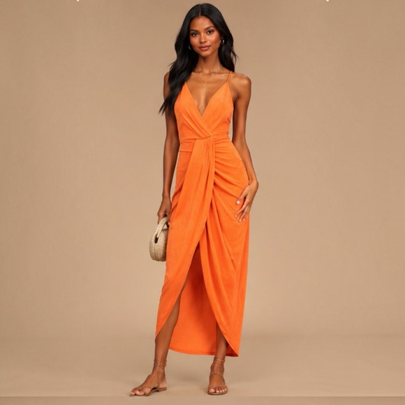 Lulus Dresses & Skirts - Lulus Dreamy Date Orange Surplice Midi Dress M Ruched Plunge Wedding Resort
